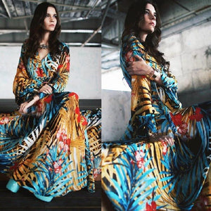 Chiffon Long Sleeves Dress Robe V Neck Floral Bohemian Boho Dress Long Dress Big Hem Maxi Dress