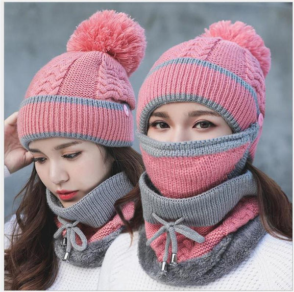 Winter Beanie Hat Scarf and Wind Proof Set 3 Pieces Thick Warm Knit Cap For Women