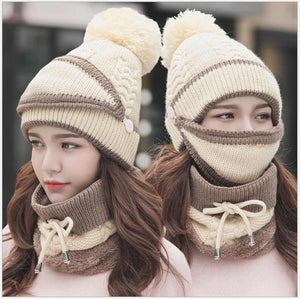 Winter Beanie Hat Scarf and Wind Proof Set 3 Pieces Thick Warm Knit Cap For Women