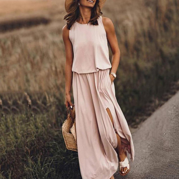 Round neck sleeveless dress split solid color dress women