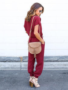 V Neck Short Sleeve Solid Color Jumpsuit Romper