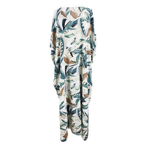 New White Background Leaf Print Beach Loose Seaside Cover up