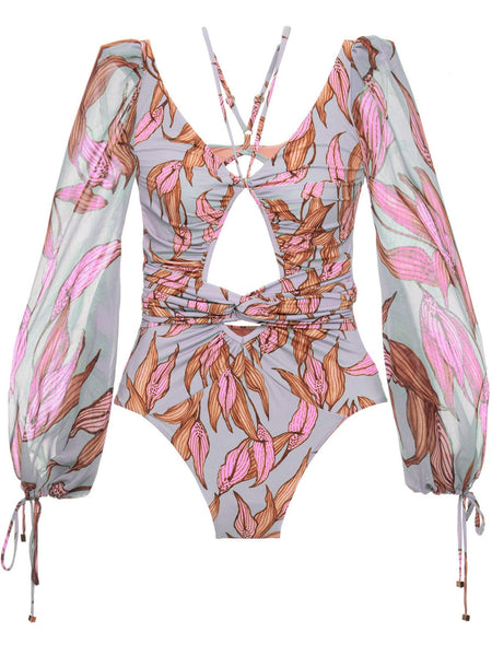 Sexy gathered one-piece printed bikini swimsuit women's long-sleeved swimsuit women's swimsuit