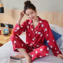 Load image into Gallery viewer, Spring and Summer Simple Women&#39;s Long Sleeve Lapel Housewear Set Ice Silk Dot Printed Silk Pajamas