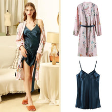 Load image into Gallery viewer, Suspender Ice Silk Solid Color Nightdress Set Printing Long Sleeve Nightgown Autumn and Winter Sexy Two piece Set with Belt Pad