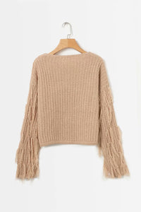 Solid Color Round Neck Long Sleeve Tassel Sweater