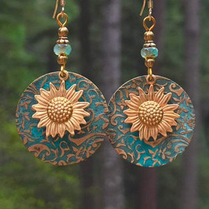 Retro Bohemian Separation Double Sunflower Pattern Earrings Retro Fashion Earrings