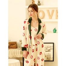 Load image into Gallery viewer, Three-piece Set Spring and Autumn Ice Silk Pajama Set Women&#39;s Printed Cute Strawberry Long Sleeve Cardigan Silk Strap Home Service Thin