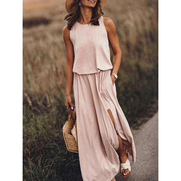 Round neck sleeveless dress split solid color dress women