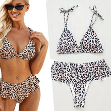 Load image into Gallery viewer, Bikini Top Stripe Print Split Swimsuit, Leopard Print Top Skirt Split Swimsuit