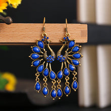 Load image into Gallery viewer, Vintage peacock ethnic style openwork earrings Personalized European and American earrings Dark green diamond-set alloy earrings