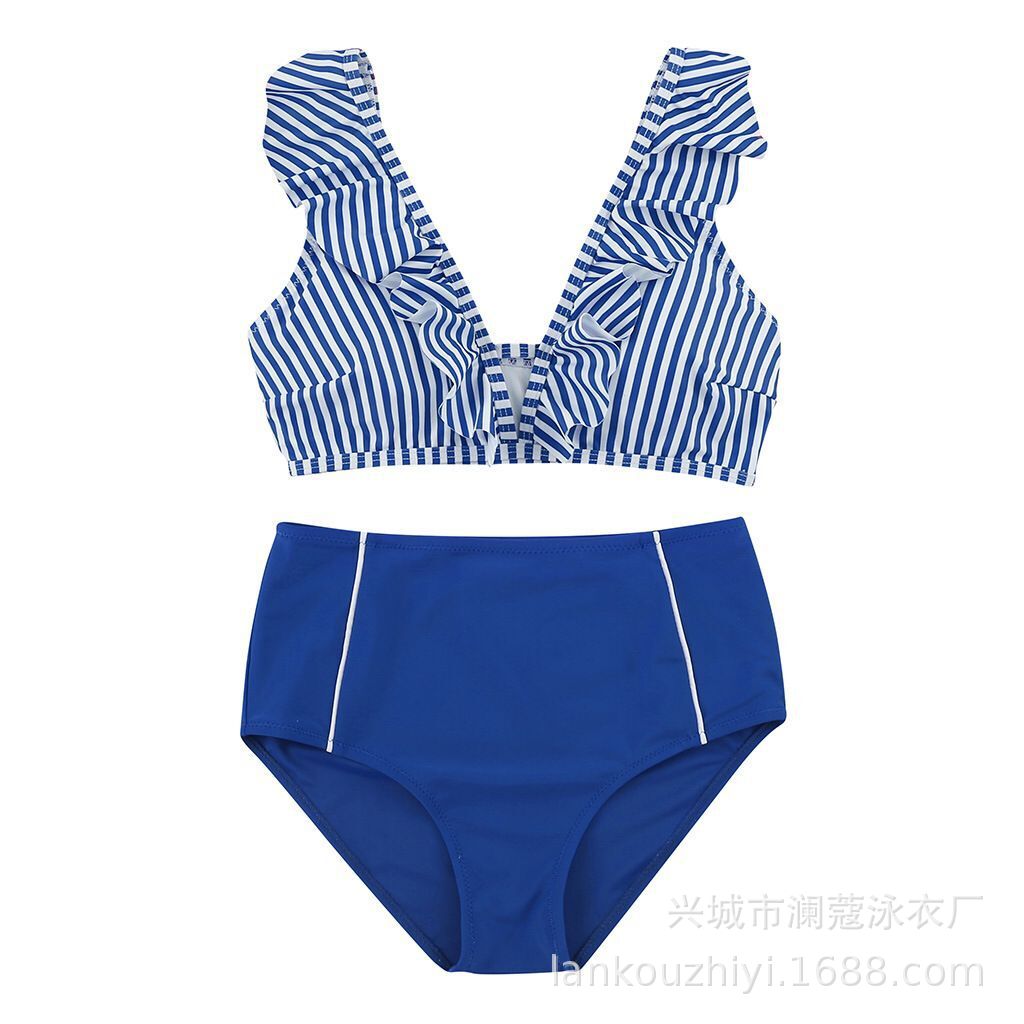 Bikini stripe solid color lotus leaf flash high waist split swimsuit