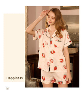 Strawberry printed short-sleeved ice silk pajamas exploded in summer simulation silk shorts ladies sweet home service two-piece suit