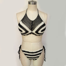 Load image into Gallery viewer, Black And White Classic Crochet Yarn Split Ladies Bikini
