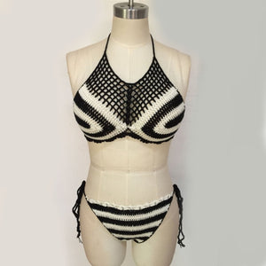Black And White Classic Crochet Yarn Split Ladies Bikini
