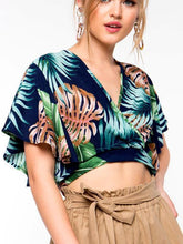 Load image into Gallery viewer, Short-sleeved Bamboo Leaf Print Waist Tie Short Shirt Top
