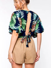 Load image into Gallery viewer, Short-sleeved Bamboo Leaf Print Waist Tie Short Shirt Top