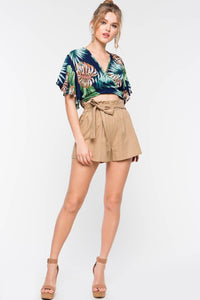 Short-sleeved Bamboo Leaf Print Waist Tie Short Shirt Top