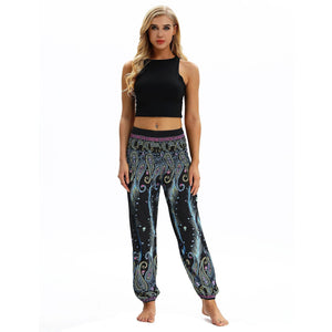 Peacock Feather Print Pocket Yoga Pants Casual High Waist Bloomers