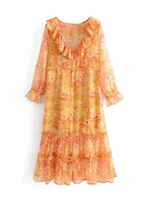 Load image into Gallery viewer, Maple Leaf Print Deep V-neck Ruffle Long Dress