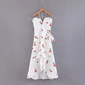Vacation Style Hanging Neck Low-cut Dress Floral Long Dress