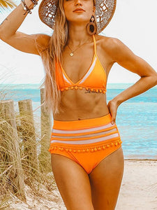 Bikini High Waist Split Tassel Swimsuit