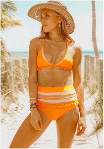 Bikini High Waist Split Tassel Swimsuit