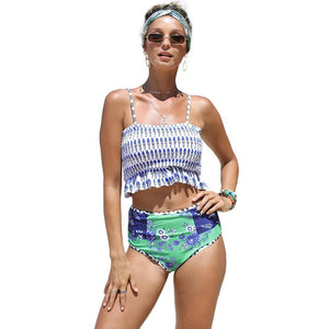 High Waist Covered Belly Slim Printed Bikini