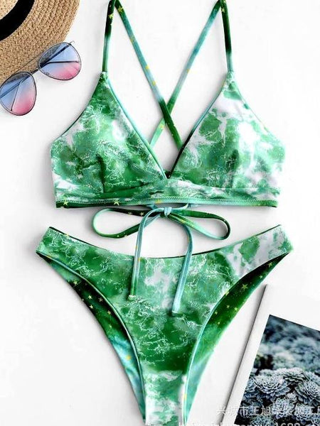 Sexy Suspenders Hanging Neck Print Split Bikini