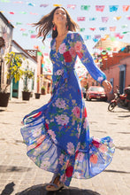 Load image into Gallery viewer, Autumn and Spring Long Sleeve Floral Dress Printed with Blue Waist Showing Thin Bandage Dress