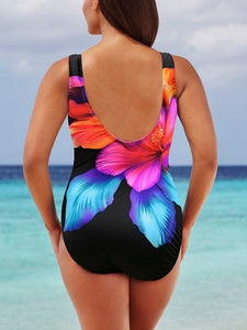 Boat Neck Floral Printed One Piece Swimwear