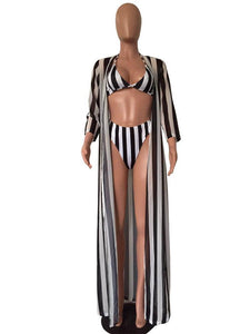 Sexy Black and White Striped Split Swimsuit Bikini Chiffon Cloak Three Piece Suit