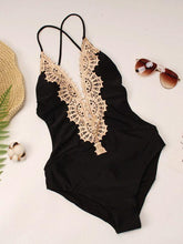 Load image into Gallery viewer, Embroidered Halter Black Triangle One Piece Swimsuit