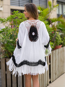 Black and White Crochet Patchwork Loose Fringed Cardigan