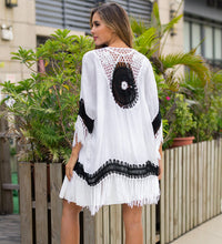 Load image into Gallery viewer, Black and White Crochet Patchwork Loose Fringed Cardigan