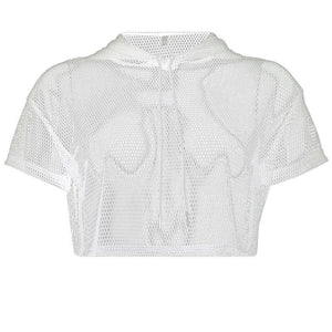 Openwork Umbilical Mesh Hooded Blouse