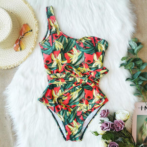 One Shoulder Floral One Piece Swimsuit Bandage for Women