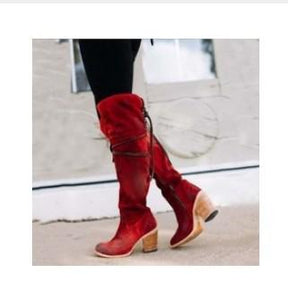 winter suede round head side zipper high thick heel boots