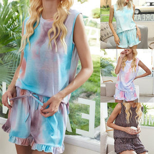 Summer Style Tie Dyed Leopard Print Pajamas Sleeveless Gradient Home Wear Set