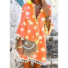 Load image into Gallery viewer, Summer New Style Printed Daisy Ruffled Fringed V-neck Dress