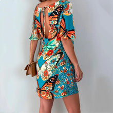Load image into Gallery viewer, Fashion Women&#39;s Butterfly Print Back Sexy Hollow Lace Short Sleeve Dress