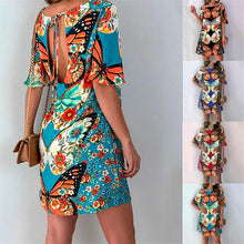 Load image into Gallery viewer, Fashion Women&#39;s Butterfly Print Back Sexy Hollow Lace Short Sleeve Dress