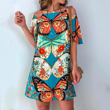 Load image into Gallery viewer, Fashion Women&#39;s Butterfly Print Back Sexy Hollow Lace Short Sleeve Dress