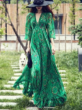 Load image into Gallery viewer, Bohemia Chiffon Green Flared Sleeves V-neck Maxi Dress