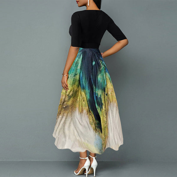 Women's chiffon contrast peacock print dress