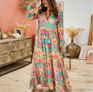 Sexy V-neck long-sleeved print swing dress