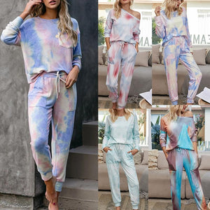 Autumn women's gradient pajamas tie-dyed long-sleeved trousers home service two-piece suit