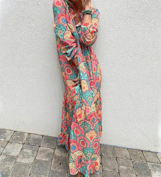 Sexy V-neck long-sleeved print swing dress