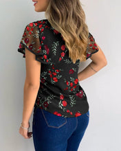 Load image into Gallery viewer, Popular Flower Embroidery Perspective Mesh Ruffle Sleeve Hollow Casual Top