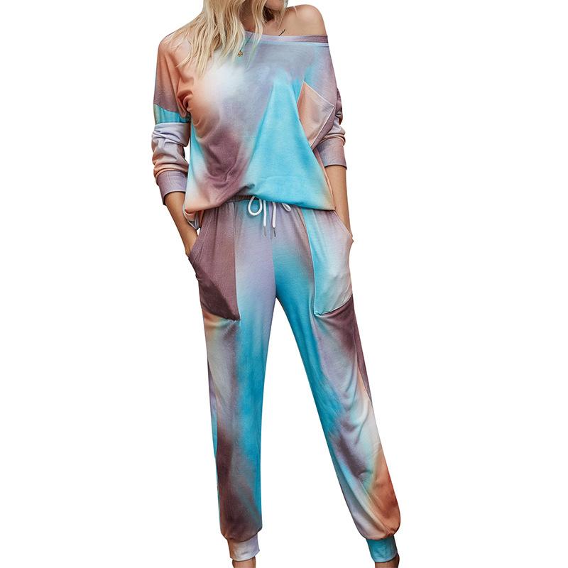 Autumn women's gradient pajamas tie-dyed long-sleeved trousers home service two-piece suit